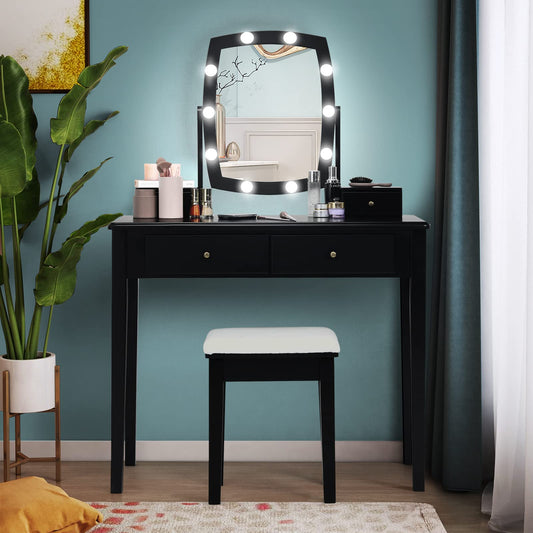 CHARMAID Vanity Table Set with Lighted Mirror, 10 LED Bulbs Adjustable Brightness, 4 Drawers 2 Dividers, Modern Bedroom Makeup Desk Dressing Table with Cushioned Stool for Girls Women (Black)