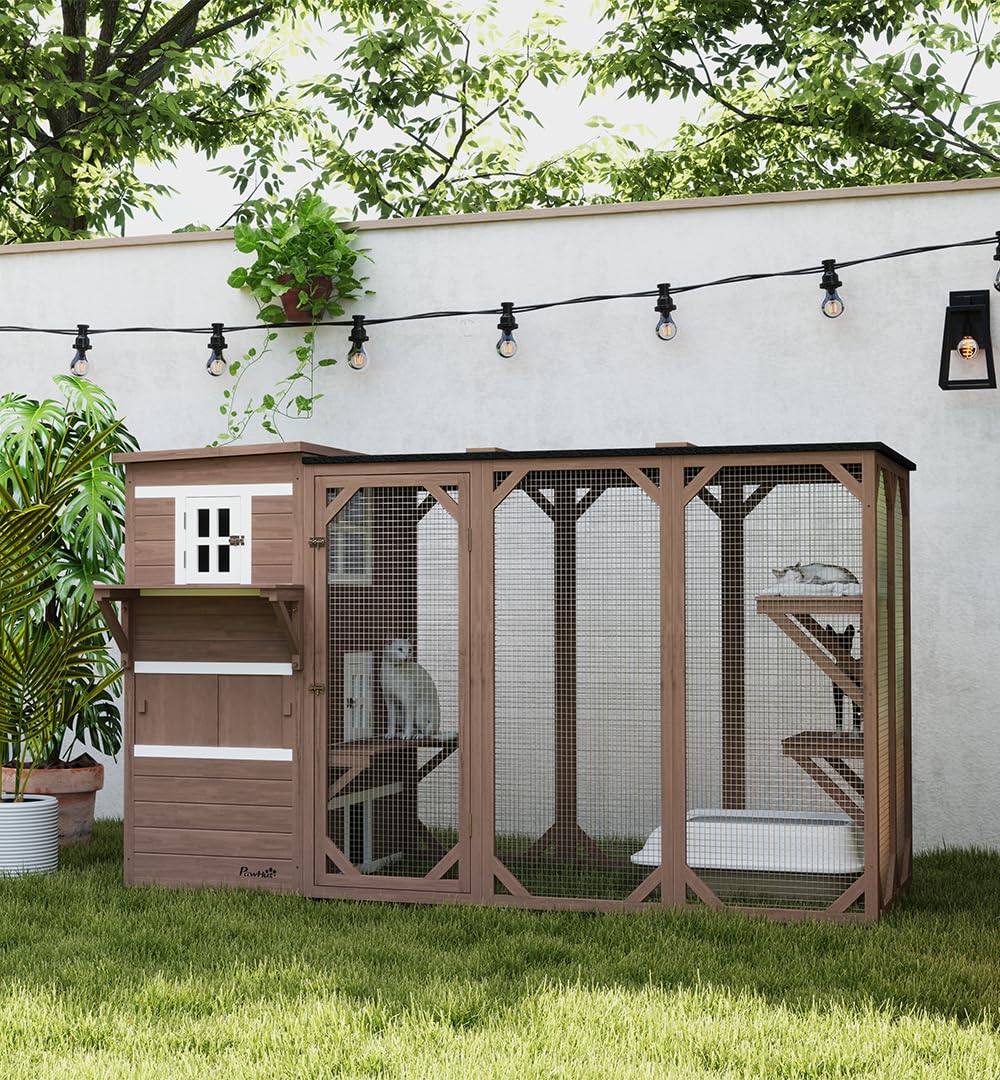 PawHut Outdoor Cat Catio, Large Wood Cat House Enclosure with Multi-Level Design, Weatherproof Roof, Big Hiding Areas, Multiple Platforms, Resting Box, Brown - WoodArtSupply