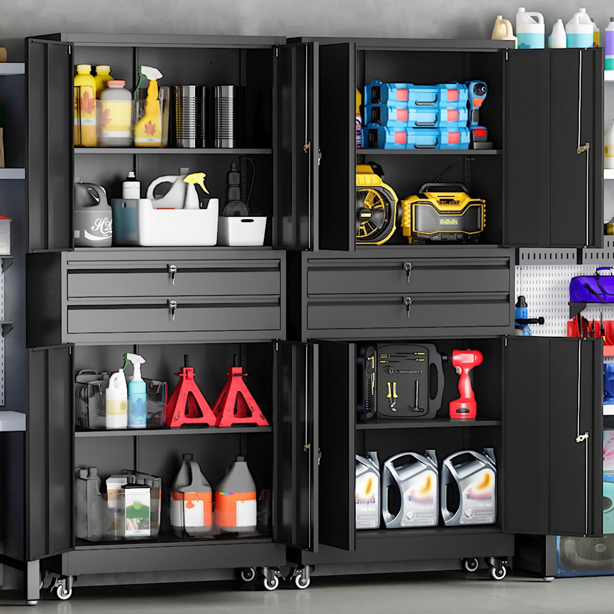 Yizosh Metal Garage Storage Cabinet with Locking Doors and Adjustable Shelves, Rolling Tool Storage Cabinet with 4 Wheels and 2 Drawer - 74" Steel Locking Cabinet for Garage, Warehouse Yizosh