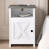 AURINEST Farmhouse Night Stand Set of 2 with Charging Station, End Tables with USB Ports&Power Outlets, Rustic Bed Side Table with Barn Door and Shelf for Living Room, Bedroom, Small Spaces, White AURINEST