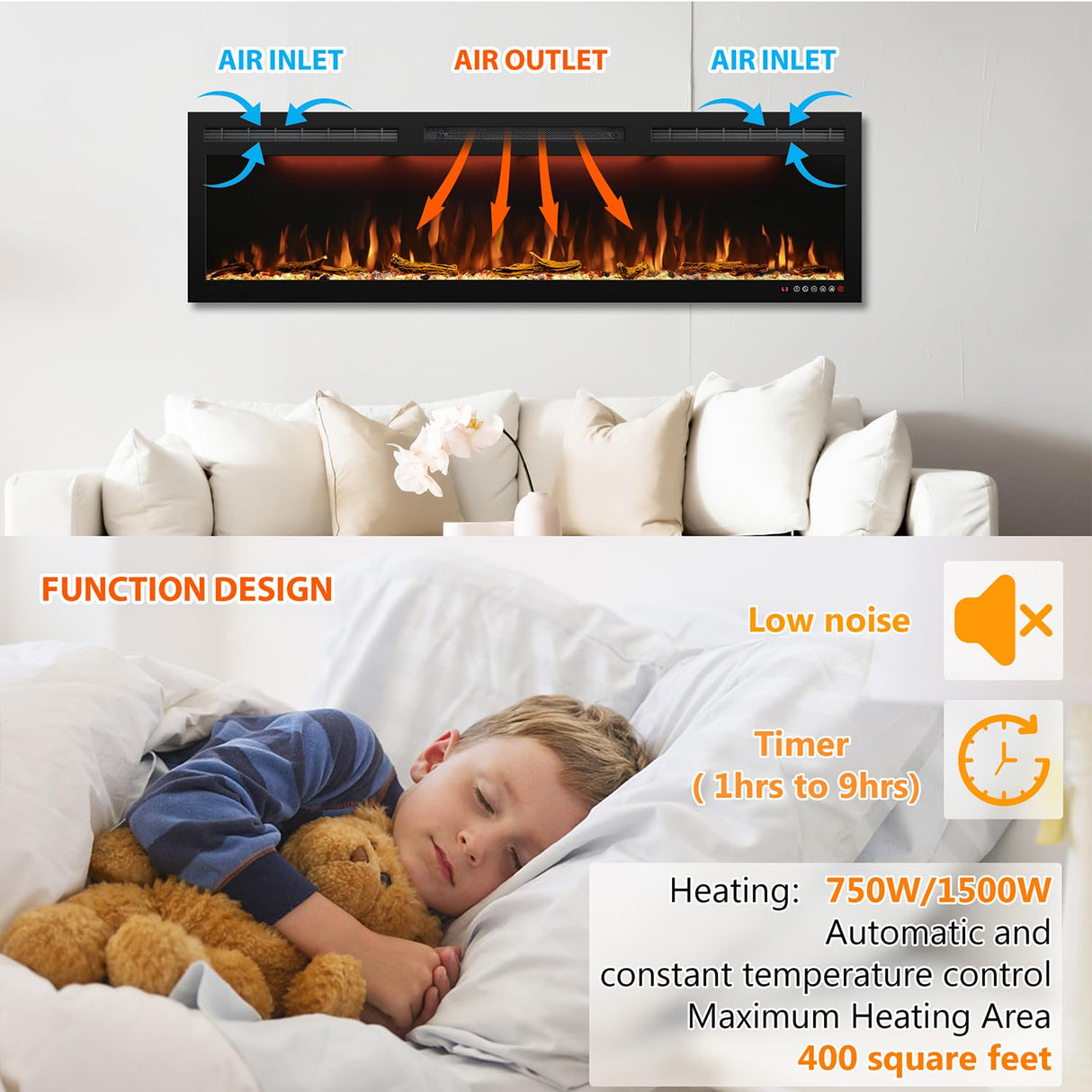 Mystflame 72 inch Electric Fireplace - Ultra Slim Frame - in Wall Recessed & Wall Mounted - Multicolor Flame - Log & Crystal Hearth - 1500/750 Watt Heater - Remote Control & Touch Screen- Timer Mystflame