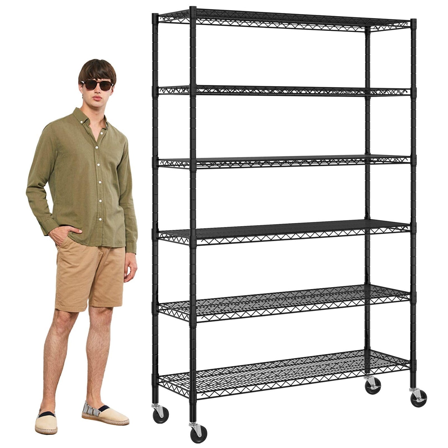 6 Tier Storage Shelves, 5999 Lbs Capacity Metal Shelf with Wheels Height Adjustable NSF Certification 48" L×18" W×72" H Heavy Duty Wire Shelving Units for Garage Pantry Kitchen Rack, Black