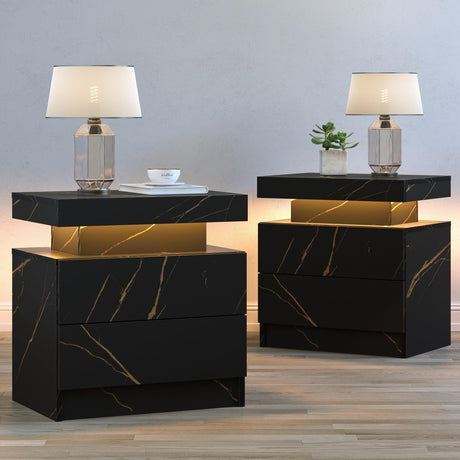 Cubehom LED Nightstands Set of 2, Modern End Table with 2 Drawers, End Tables for Living Room Bedroom Black Cubehom