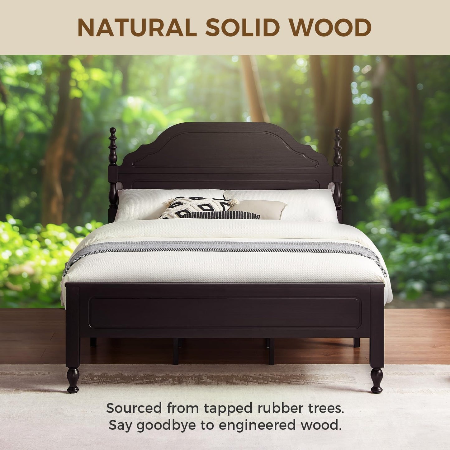 Wood Queen Bed Frame with Wooden Headboard and Footboard, Heavy Duty 12 Solid Wood Slats Support, Rubber Wood Platform Bed Frame with Large Under Bed Storage, No Box Spring Needed, Rustic Brown