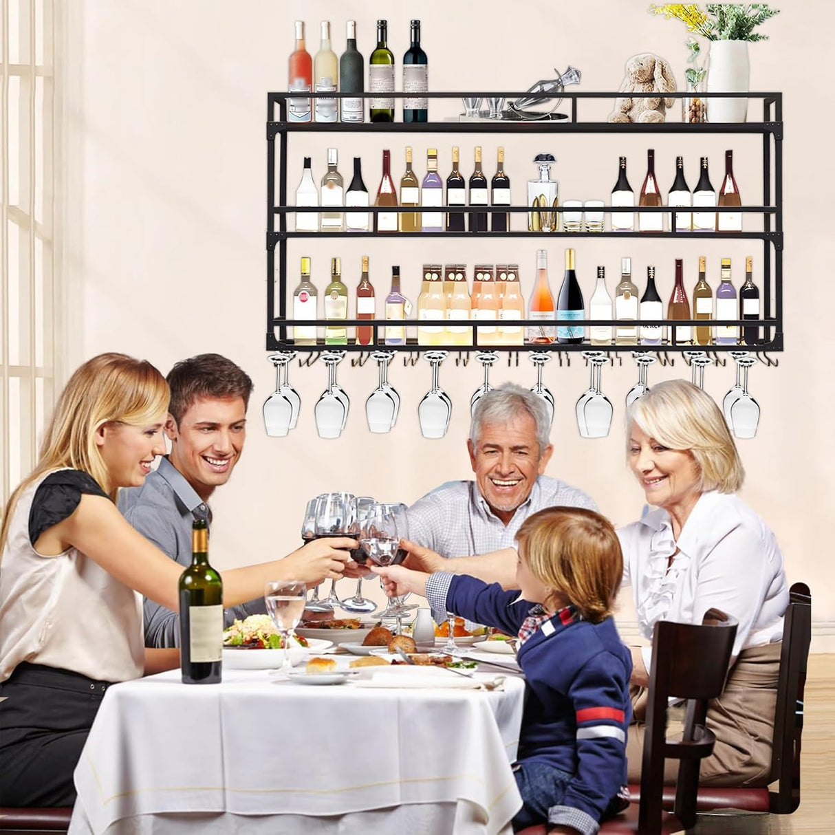 Wall Mounted Wine Rack with LED Light, Floating Liquor Glass Holder 3 Tiers, Large Metal Wine Bottle Display Rack Hanging Shelf, for Home Bar Dining Room Decorative(black, 39.42x35.43x9.84in) RAJYQODIS