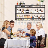 Wall Mounted Wine Rack with LED Light, Floating Liquor Glass Holder 3 Tiers, Large Metal Wine Bottle Display Rack Hanging Shelf, for Home Bar Dining Room Decorative(black, 39.42x35.43x9.84in) RAJYQODIS