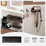 Farmhouse Makeup Vanity Desk with Sliding Mirror and Lights, Glass Desktop Makeup Vanity Desk with Charging Station, 3-Tier Hidden Slide-Out Vanity Shelves, Jewelry Storage Cabinet, 2 Drawers-White Jocoevol