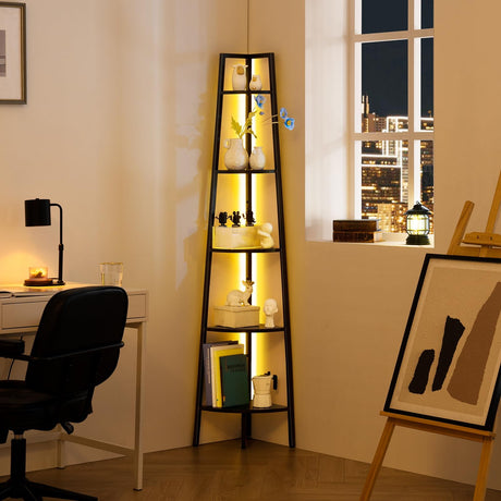 Yoobure Corner Shelf Stand, 5-Tier Bookshelf with LED Lights & Steel Frame, Tall Storage Shelves for Living Room, Bedroom, Office, Multi-Purpose Display Bookcase Yoobure