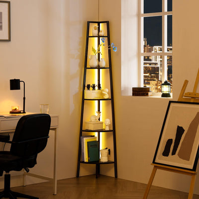 Yoobure Corner Shelf Stand, 5-Tier Bookshelf with LED Lights & Steel Frame, Tall Storage Shelves for Living Room, Bedroom, Office, Multi-Purpose Display Bookcase