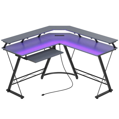 ACEMO L Shaped Gaming Desk with LED Lights and Power Outlet, Computer Desk with Monitor Stand, Untimate Corner Desk with Hooks and Keyboard Tray, Carbon Fiber, Black