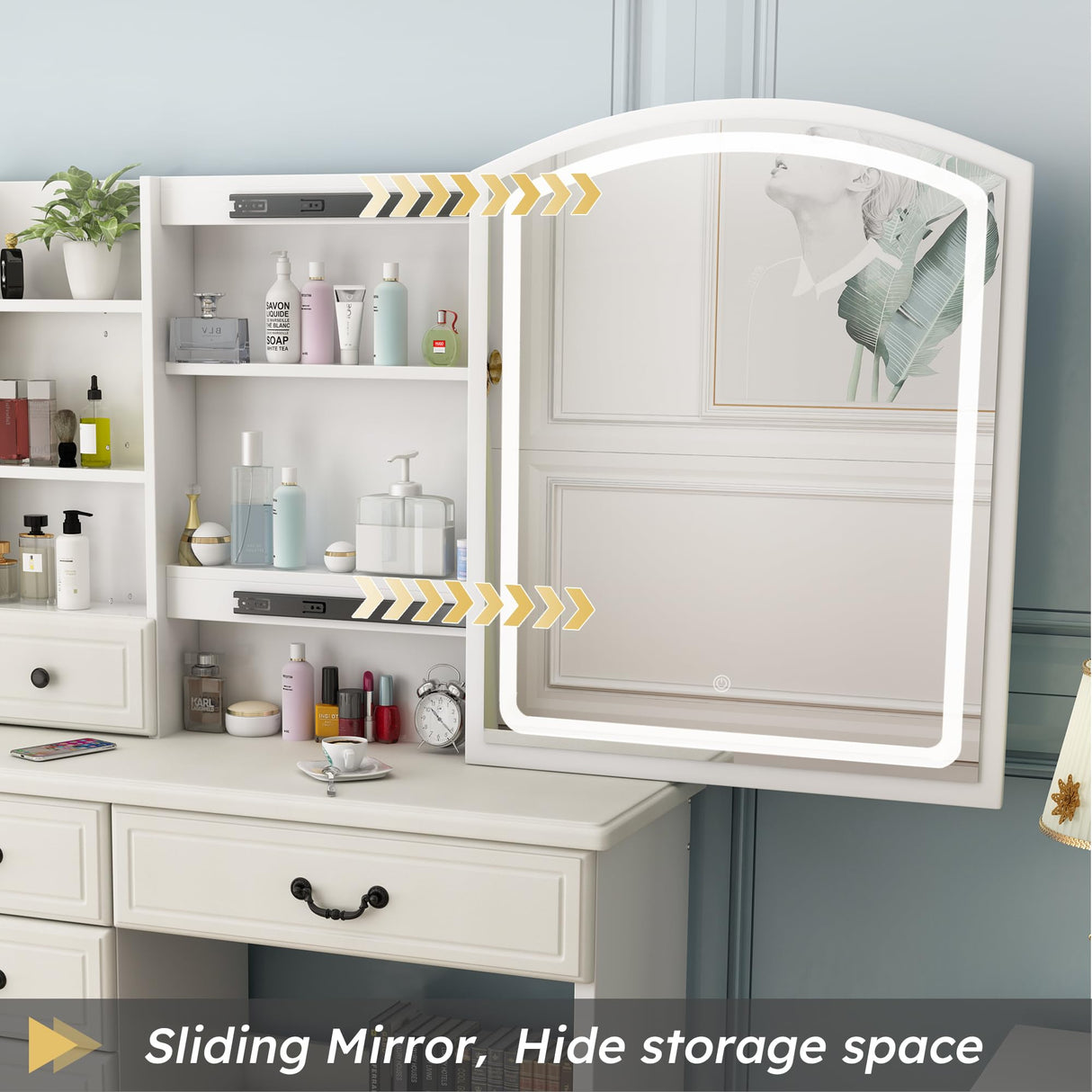 Leavader Vanity Desk Set with Lighted Mirror and Stool, Makeup Table with Sliding LED Lighted Mirror-3 Color Models, Makeup Desk with 6 Drawers & Shelves & Cushion Stool, Dressing Table for Home Apt Leavader