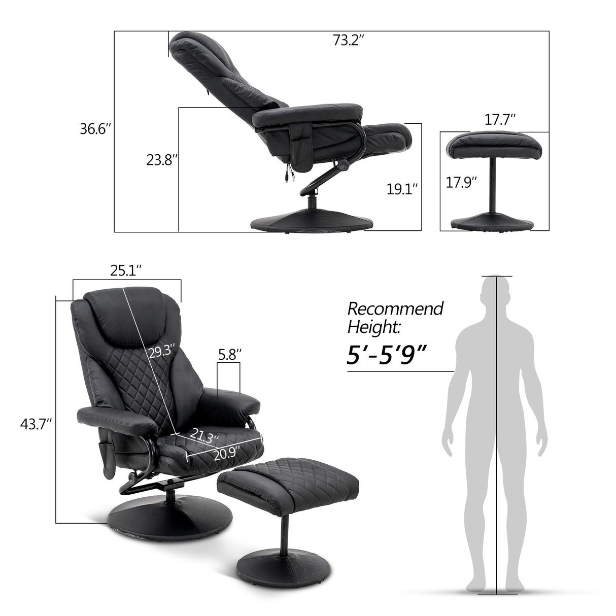 MCombo Recliner with Ottoman, Reclining Chair with Massage, 360 Swivel Living Room Chair Faux Leather, 4901 (Black) MCombo