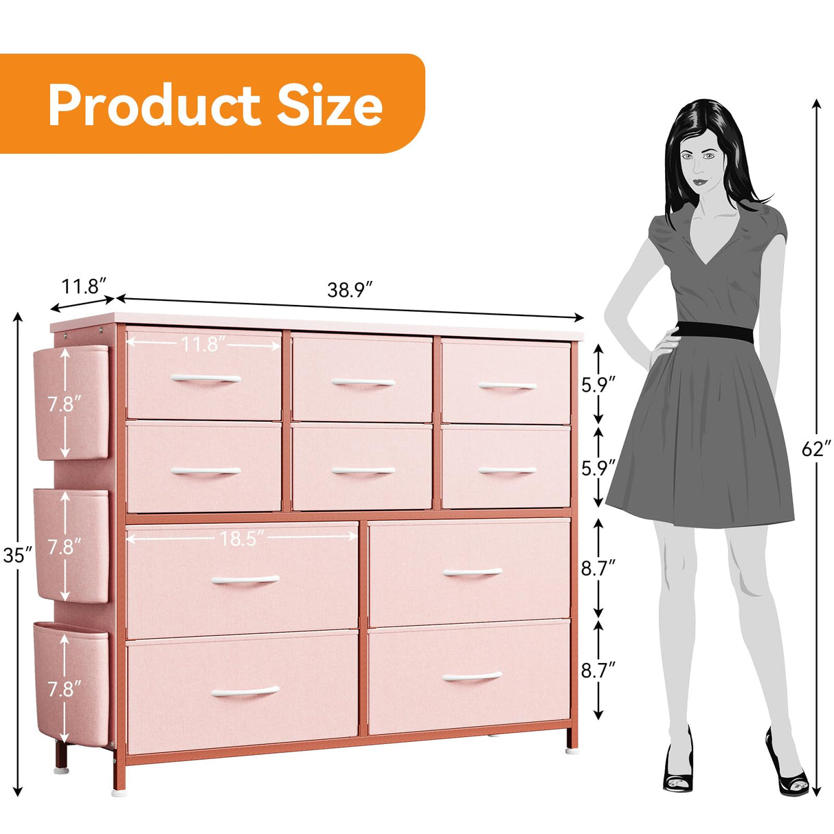 Dresser for Bedroom, Fabric Dressers & Chests of Drawers with Side Pockets, Chest of Drawers for Closet, Living Room, Closet, Hallway Garveehome