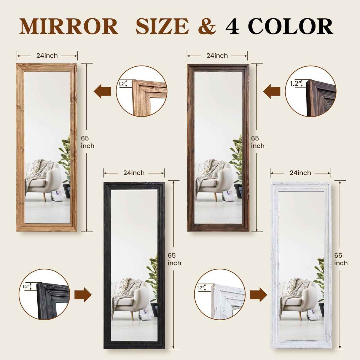 ABSWHLM Full Length Mirror 65"x24" Solid Wood Frame Floor Large Mirror for Living Room, Bedroom Hanging or Leaning Wall-Mounted, Brown ABSWHLM
