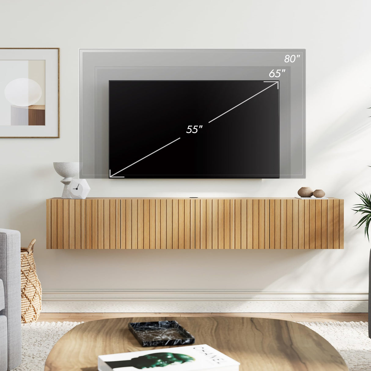 WAMPAT Floating TV Stand, Wall Mounted Shelf, Modern Floating Entertainment Center with 3 Fluted Flip-Down Doors, 70" Large Storage Media Console Wall Unit for Living Room,Bedroom, Oak WAMPAT