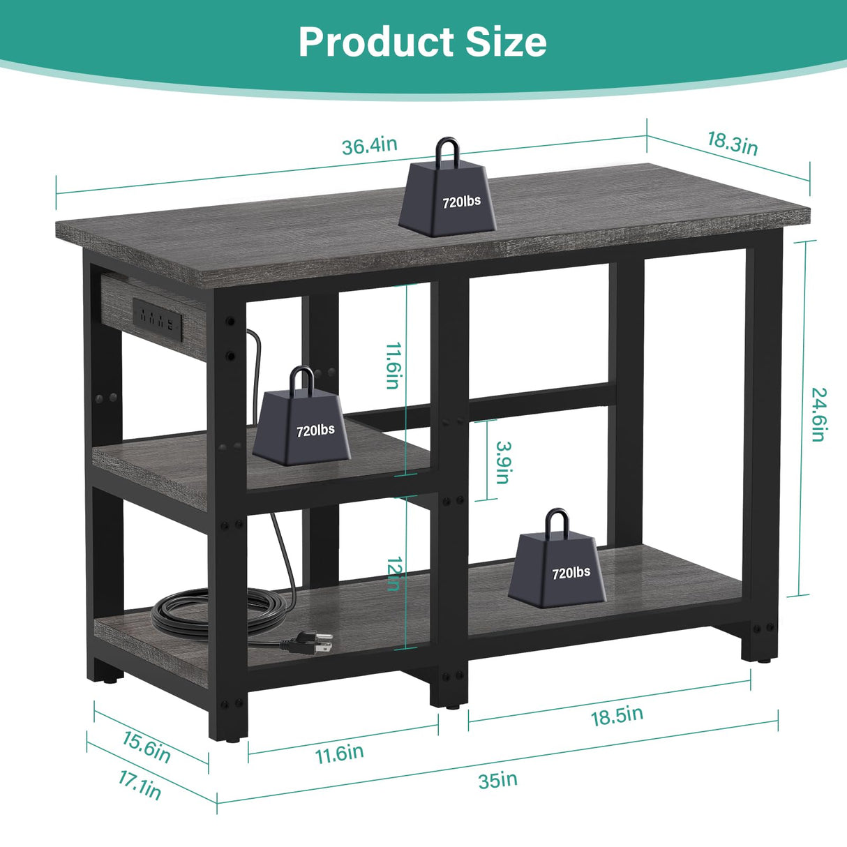 AQQA 40-50 Gallon Fish Tank Stand with 5 in 1 Power Outlets, 36x18 Inch Heavy Duty Metal Frame Aquarium Stand, Adjustable Storage Shelves, 720LBS Capacity Terrarium Stand, 3 Tiers Reptile Tank Stand AQQA