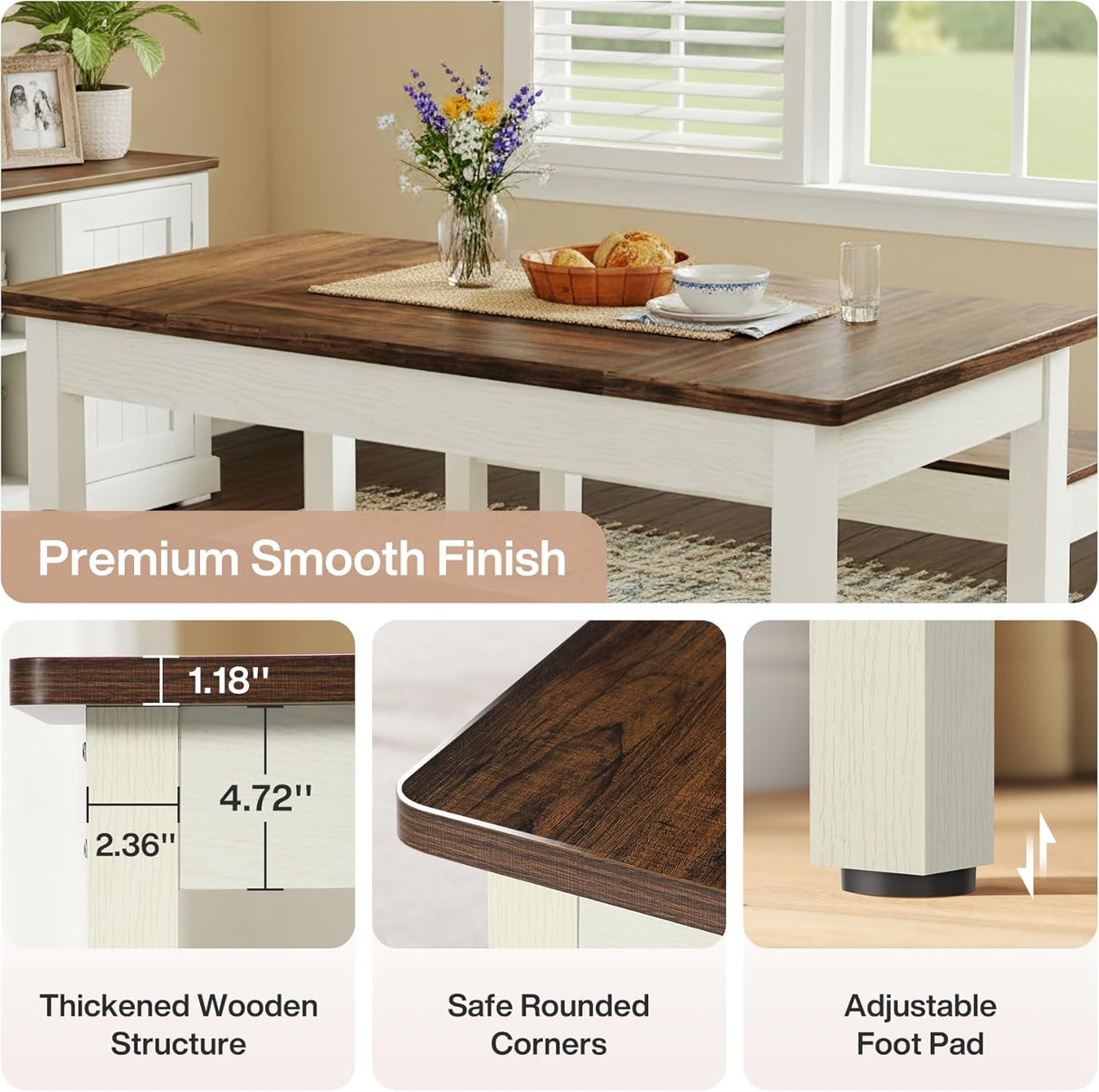 Tribesigns 55-Inch Kitchen Table Set for 4-6 People, Farmhouse Space Saving Dining Table with 2 Benches, 3 Pieces Wooden Dinette Set for Small Space, Breakfast Nook, Restaurant (White and Brown) Tribesigns