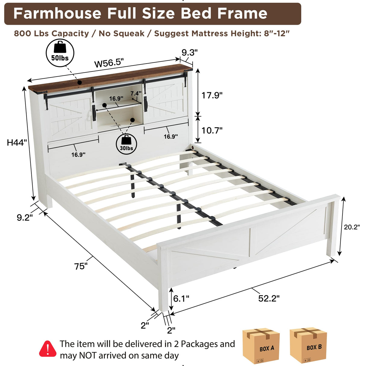 T4TREAM Farmhouse Full Size Bed Frame w/Storage Bookcase Headboard, Sliding Barn Door, Charging Station, Rustic Wood Platform Bed w/Wood Slats Support, No Box Spring Needed, Antique White T4TREAM