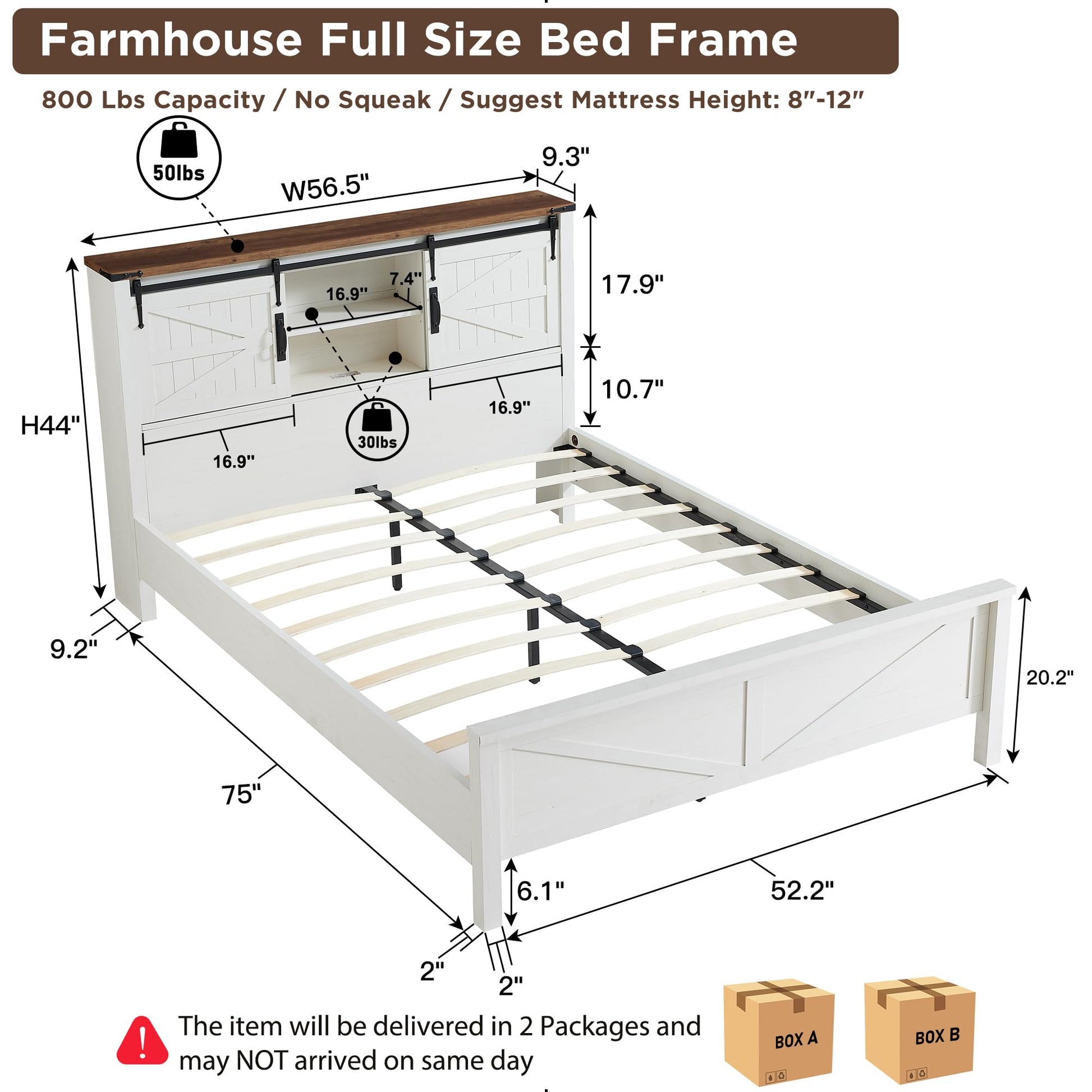 T4TREAM Antique White Farmhouse Full Size Bed Frame with Bookcase Headboard and Sliding Barn Door - WoodArtSupply