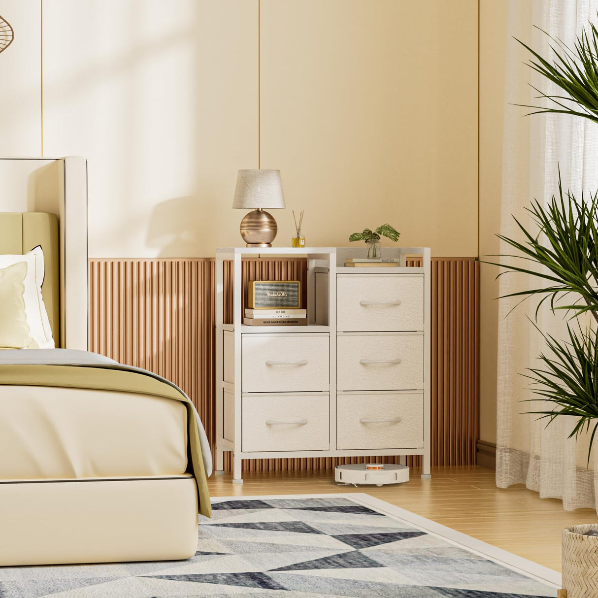 Furnulem 5 Drawer White Dressers for Bedroom Tall 2 Tier Shelf Storage Small Fabric Dresser for Closet Sturdy Metal Frame Modern Dresser Bedroom Dresser with Drawers for Hallway Rooms Furnulem