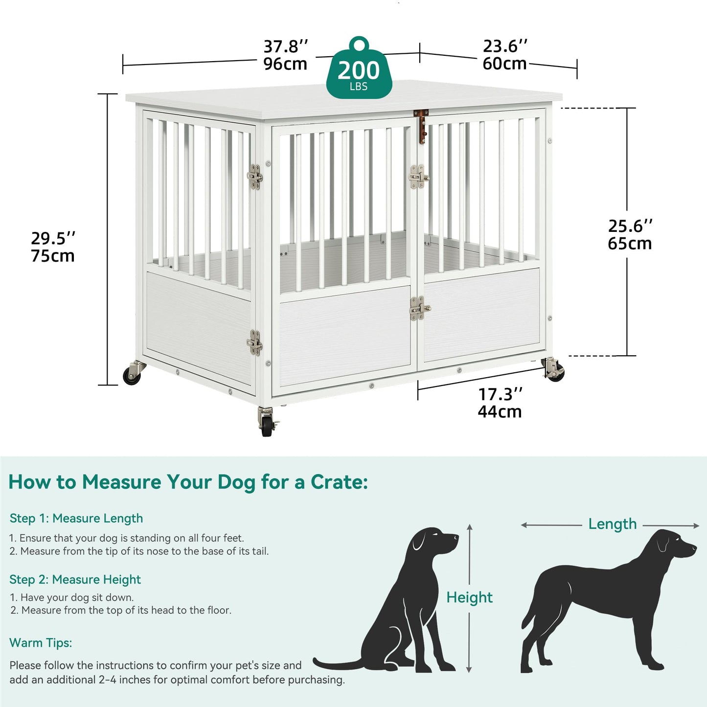 YITAHOME 38" Dog Crate Furniture with Wheels, Heavy Duty Wood Dog Cage Table with Double-Doors Chew-Resistant Wooden Dog Kennel Indoor for Large and Medium Dogs White