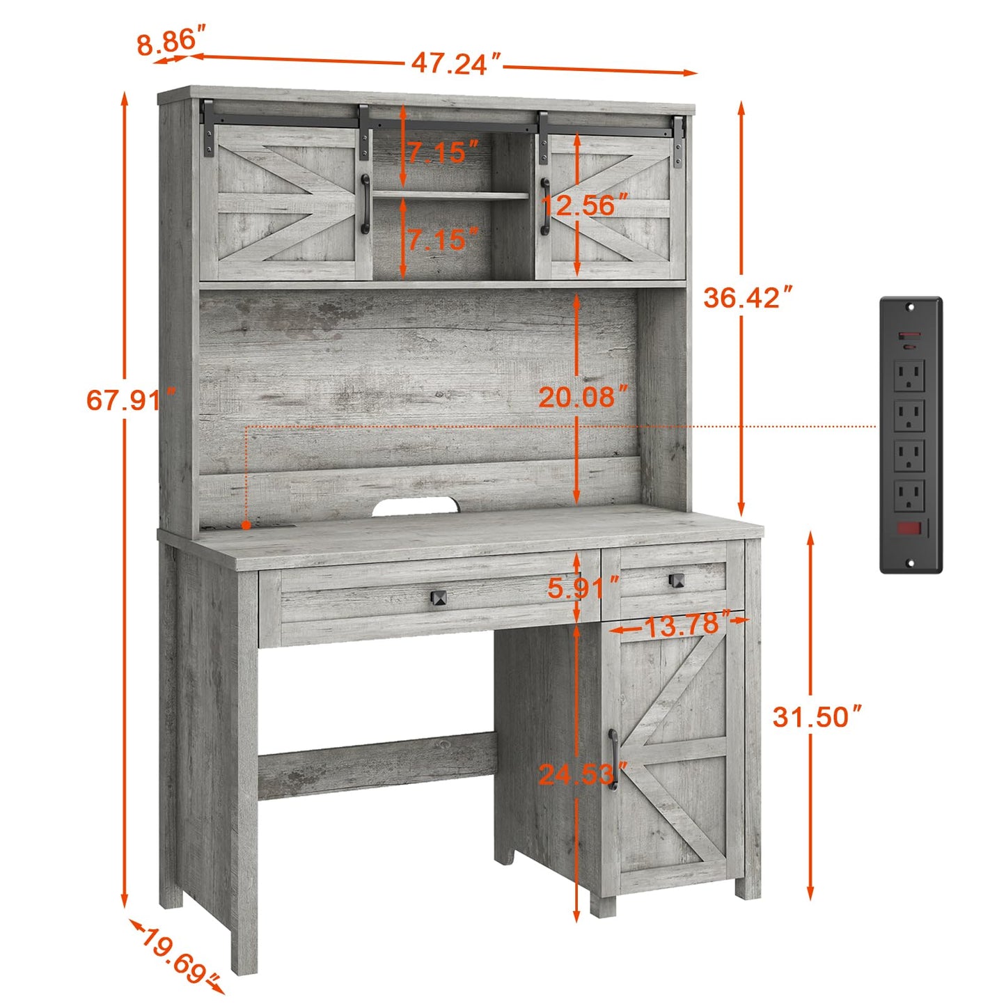 Halitaa Farmhouse 47'' Executive Desk, I-Shape Desk with 3 Drawers, 2 Cabinets, Gray Oak, for Home Office - WoodArtSupply