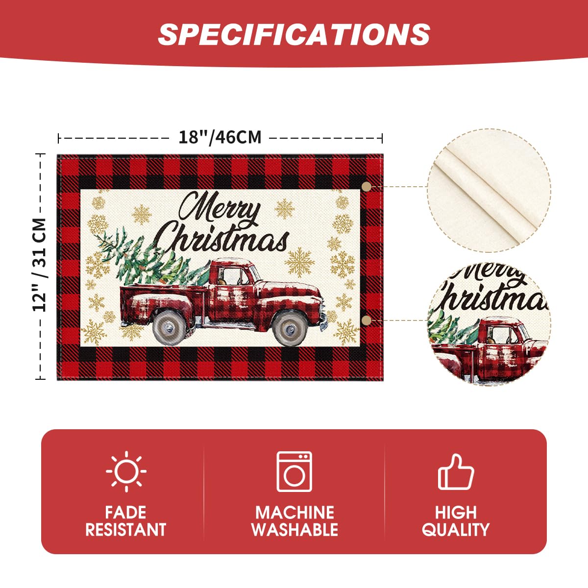 Artoid Mode Red and Black Buffalo Plaid Truck Merry Christmas Placemats Set of 4, 12x18 Inch Seasonal Winter Xmas Holiday Table Mats for Party Kitchen Dining Decoration Artoid Mode