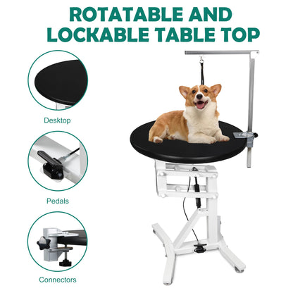 DiDiBirDi 23'' Pet Grooming Table,Pneumatic Lift Dog Grooming Table,Anti-Skid Rubber Circular Rotatable Desktop,Adjustable Overhead Arm, Maximum Capacity Up to 100lbs,Pet Grooming Table for Home