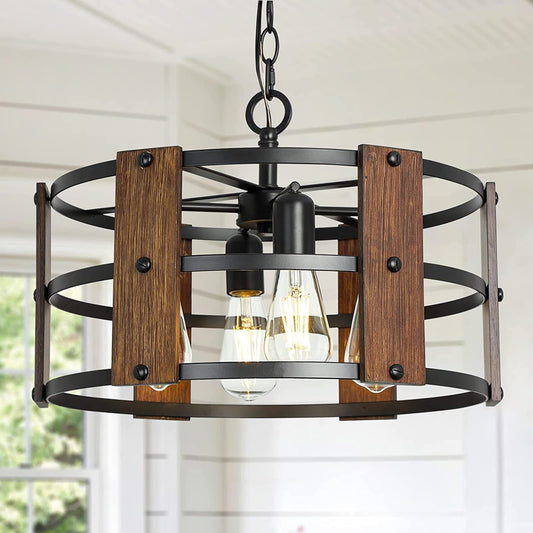 DLLT 4-Light Farmhouse Chandelier Light Fixtures Adjustable Height, Rustic Drum Pendant Light for Living Room, Dining Room, Bedroom, Foyers, Walnut Wood and Black Metal Finish, E26 Base