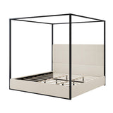 HRJHLucky King Size Canopy Bed with Tall Upholstered Channel Headboard, Metal 4 Poster Upholstered Bed, No Box Spring Needed (Black+Cream, King//) HRJHLucky