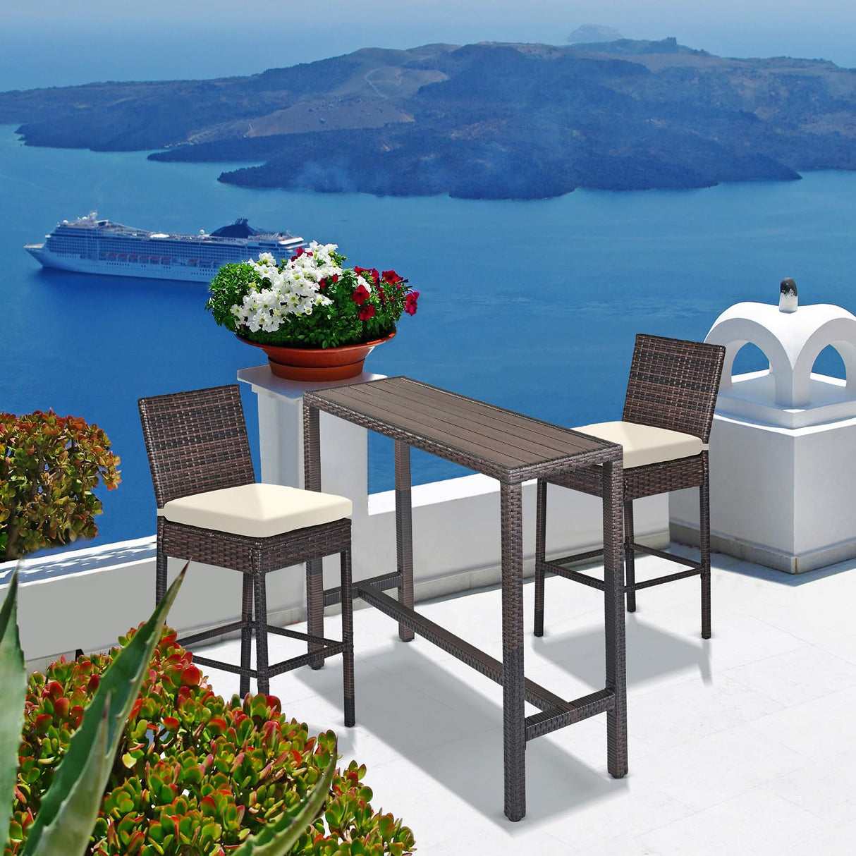 Outdoor Bar Table Patio Counter Height Table 45" Long Wicker High Top Pub Table Tall Console Table Rectangle Narrow with Adjustable Feet for Hot Tub Balcony Garden Outside Pool Deck Backyard Brown Patio Novagarden