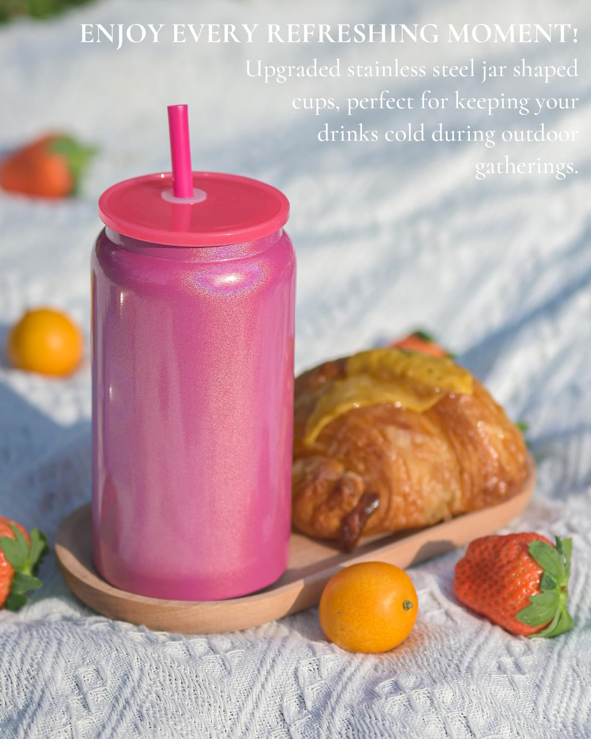 UIRZOTN Glass Cups with Lids and Straws, 16oz Stainless Steels Cups, Beer Cups, Iced Coffee Cup, Smoothie Cup, Sublimation Tumbler, Fuchsia (Shiny Polished Finish, Sublimatable) UIRZOTN