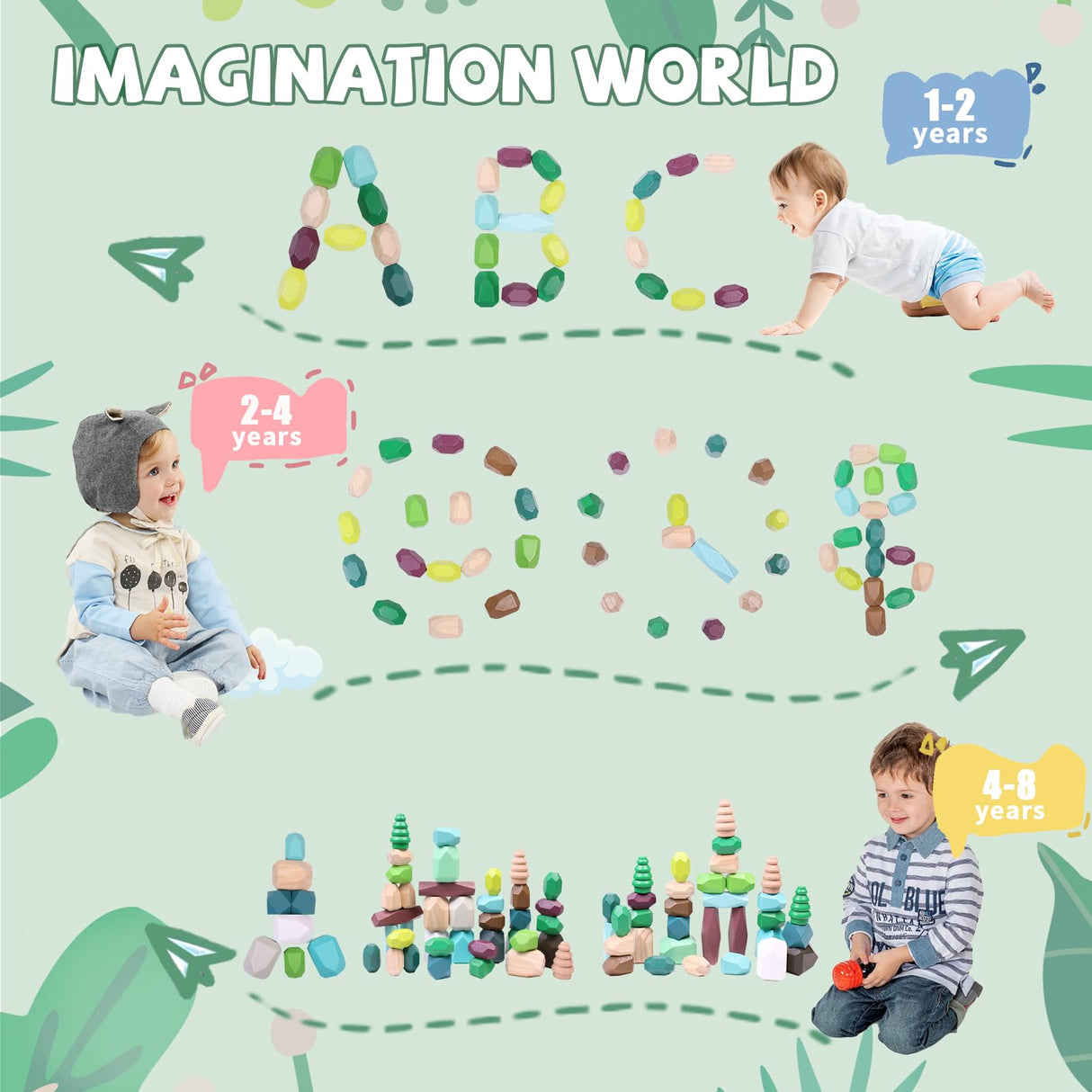 YHHYTOY 40 PCS Wooden Stacking Rocks Building Blocks Forest Theme, Sensory Learning Montessori Toys for 3 4 5 Year Old Kids, Preschool Educational STEM Toys Toddler Games Birthday Gifts for Girls Boys YHHYTOY