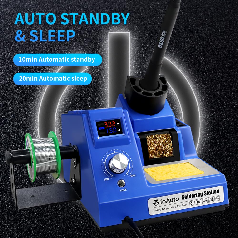 TOAUTO DS90 Soldering Station-°F & °C Dual Digital Display Soldering Iron Station Kit,90W Soldering Iron,302℉- 842℉ Temperature, Anti-Static & Grounding Wire, Auto Standby & Sleep,5 Solder Tips, Blue TOAUTO