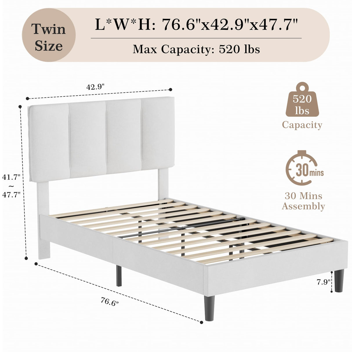 VECELO Twin Bed Frame with Upholstered Headboard, Heavy-Duty Platform Bedframe with Strong Wooden Slats Support, No Boxing Spring Needed, Pure White VECELO