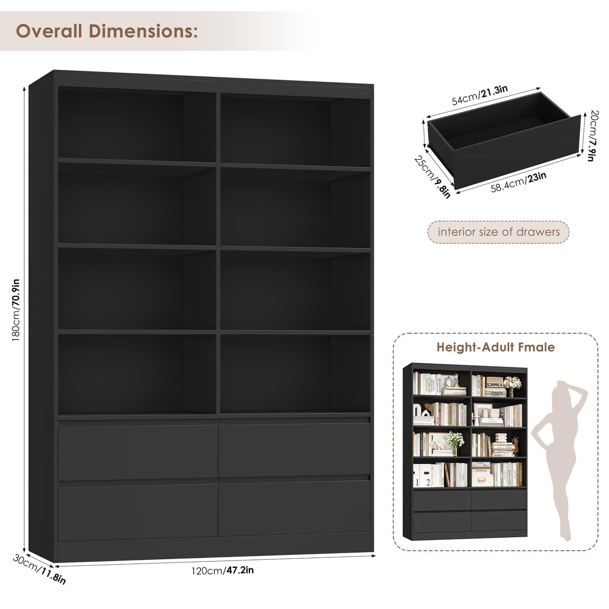 FINETONES 71" Black Bookshelf with Drawers, 47.3" Double Wide Bookshelves and Bookcases with Storage, Tall Bookshelf Large Open Book Shelf Standing Book Case for Home Office, Black FINETONES