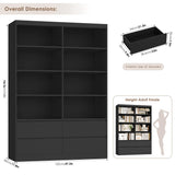 FINETONES 71" Black Bookshelf with Drawers, 47.3" Double Wide Bookshelves and Bookcases with Storage, Tall Bookshelf Large Open Book Shelf Standing Book Case for Home Office, Black FINETONES