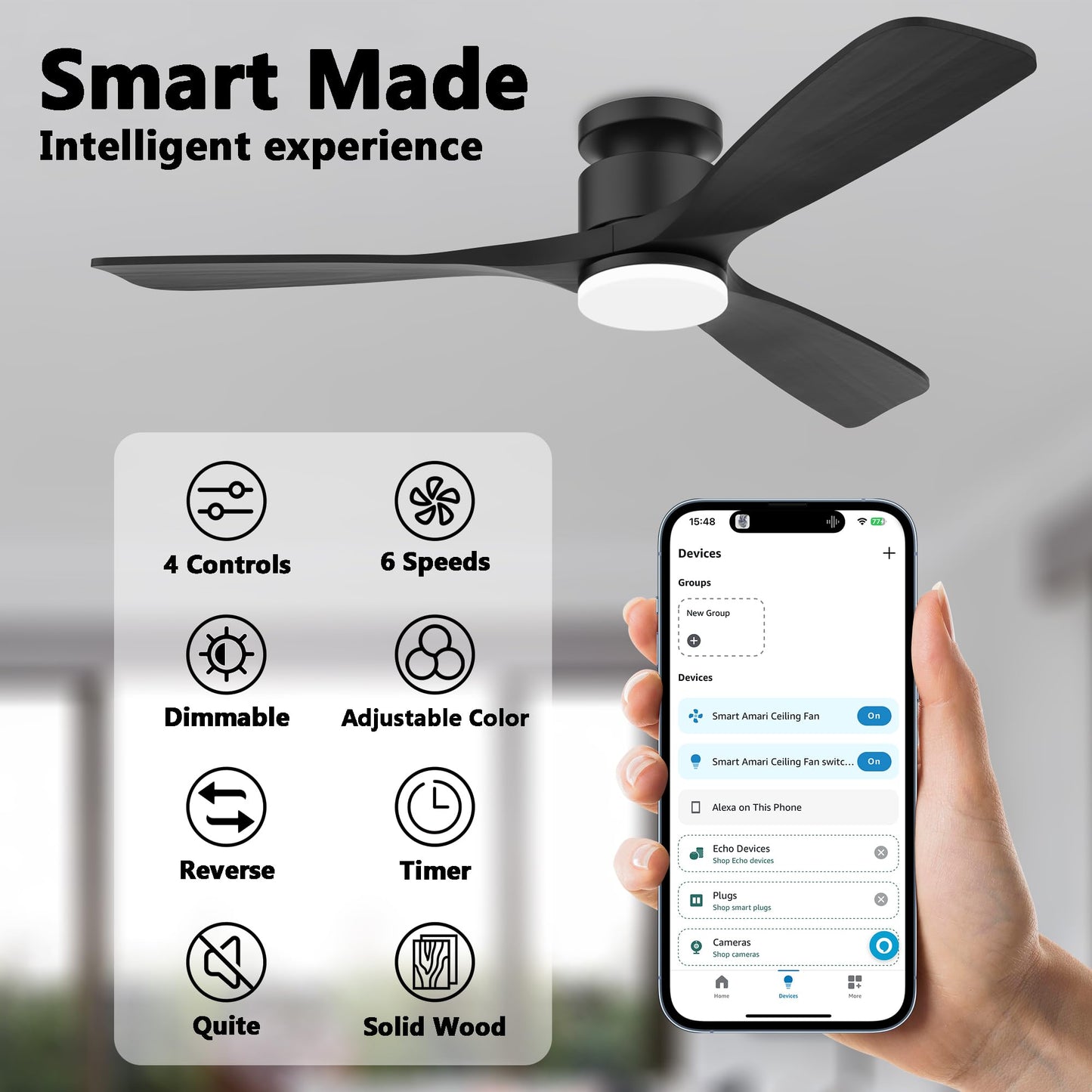 52 Inch Smart Low Profile Ceiling Fan,Solid Wood Ceiling Fan with Lights Remote,Outdoor Indoor Flush Mount,WIFI Alexa App Control,Quiet DC Motor,Dimmable,Modern Ceiling Fan for Bedroom Patio,Black