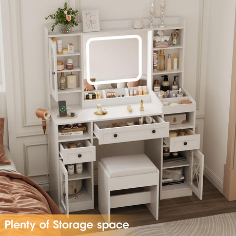 Vanity Desk with Mirror and Lights,Makeup Vanity Table with Cushioned Stool and Charging Station,3 Lighting Modes Adjustable Brightness,Drawers,Power Outlet,Shelves,White Maupvit