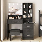 Vabches Black Vanity Desk with Mirror and Lights, Makeup Vanity Table with Charging Station, 3 Lighting Modes Brightness Adjustable, 4 Drawers, 8 Vabches