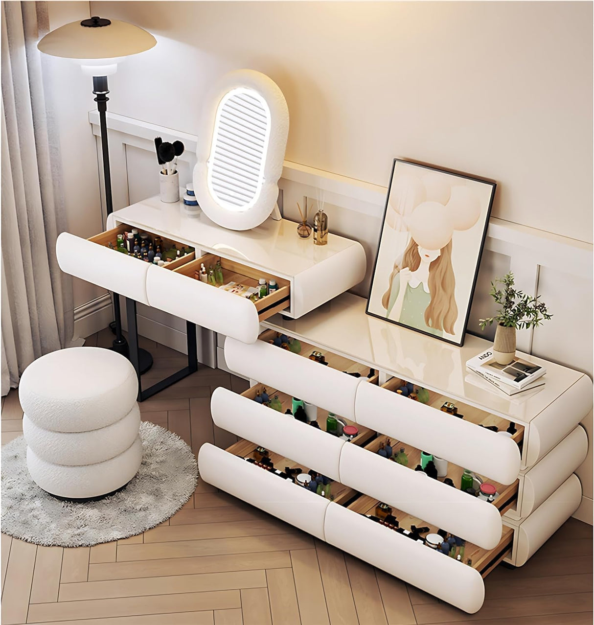 Pesnllov Vanity Set - Makeup Vanity Desk with Drawer & LED Makeup Mirror, Elegant Solid Wood Bedroom Vanity Table, Including Chair. (A-White, 47") Pesnllov