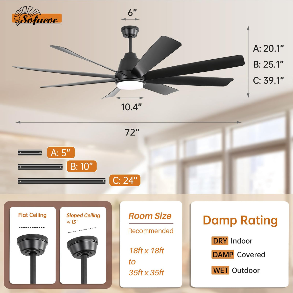 Sofucor 72 Inch Ceiling Fans with Lights and Remote, Large Black Ceiling Fan with Light 6-Speed 3 CCT Dimmable, Outdoor Ceiling Fan 8 Blades 3-Timer Reversible DC Motor for Living Room Office Patio Sofucor
