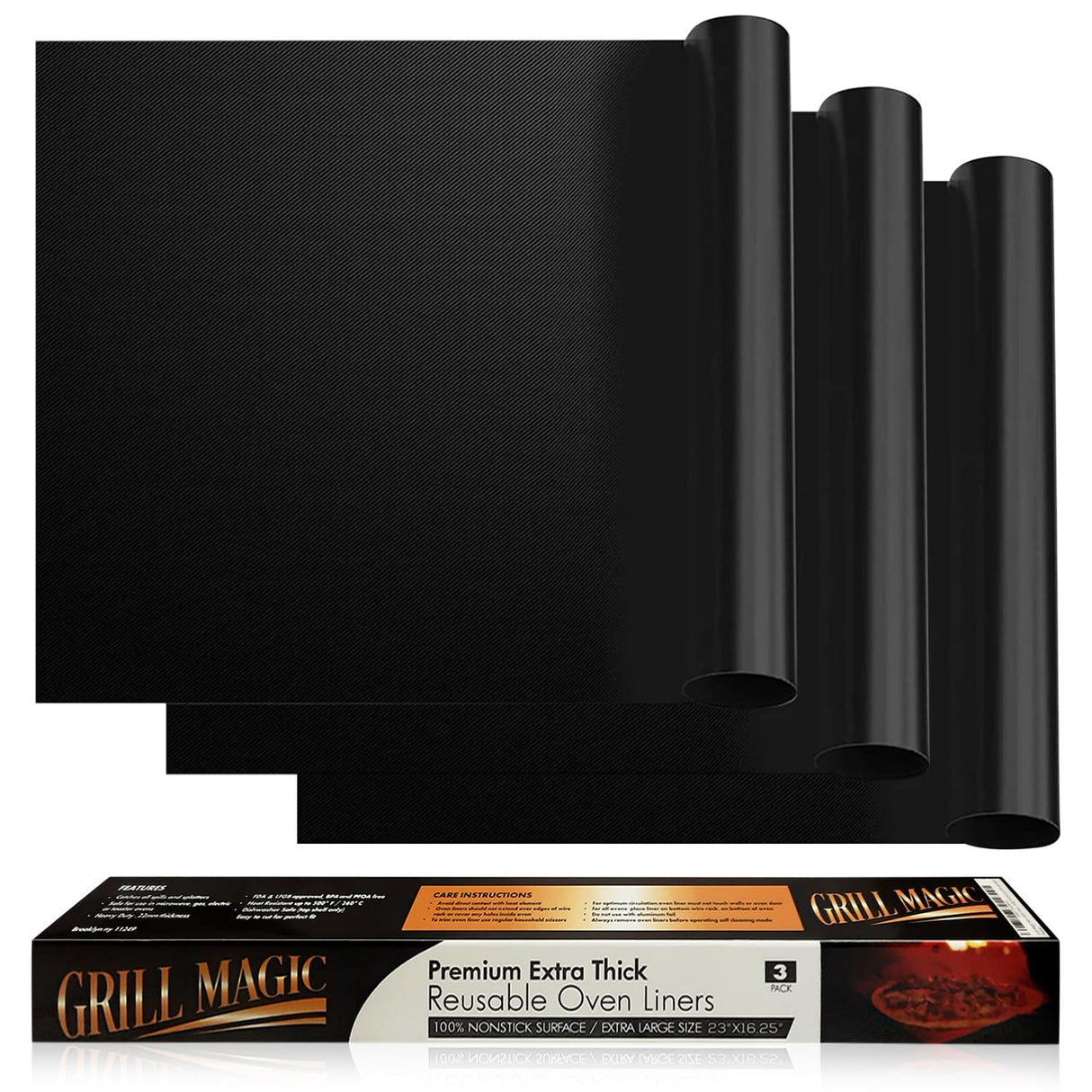 3 Pack Non-Stick Heavy Duty Oven Liners Set for Bottom of Electric Oven by Grill Magic - Thick, Heat Resistant Fiberglass Mat - Easy to Clean, Reduce Spills, Stuck Foods & Clean Up - BPA Free Grill Magic