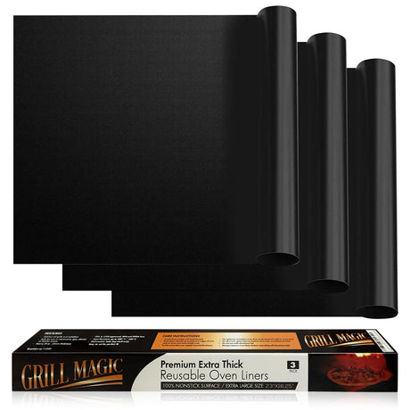 3 Pack Non-Stick Heavy Duty Oven Liners Set for Bottom of Electric Oven by Grill Magic - Thick, Heat Resistant Fiberglass Mat - Easy to Clean, Reduce Spills, Stuck Foods & Clean Up - BPA Free Grill Magic