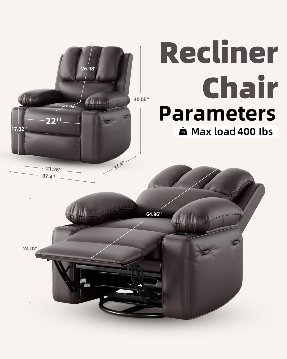 Manual Recliner Chair Sofa, Oversized PU Leather Recliner, Comfy Armchair for Living Room or Bedroom, Reclining Chair, Leather Recliner Chair for Adults, Gaming Sofa Chair (Dark Brown) GarveeLife
