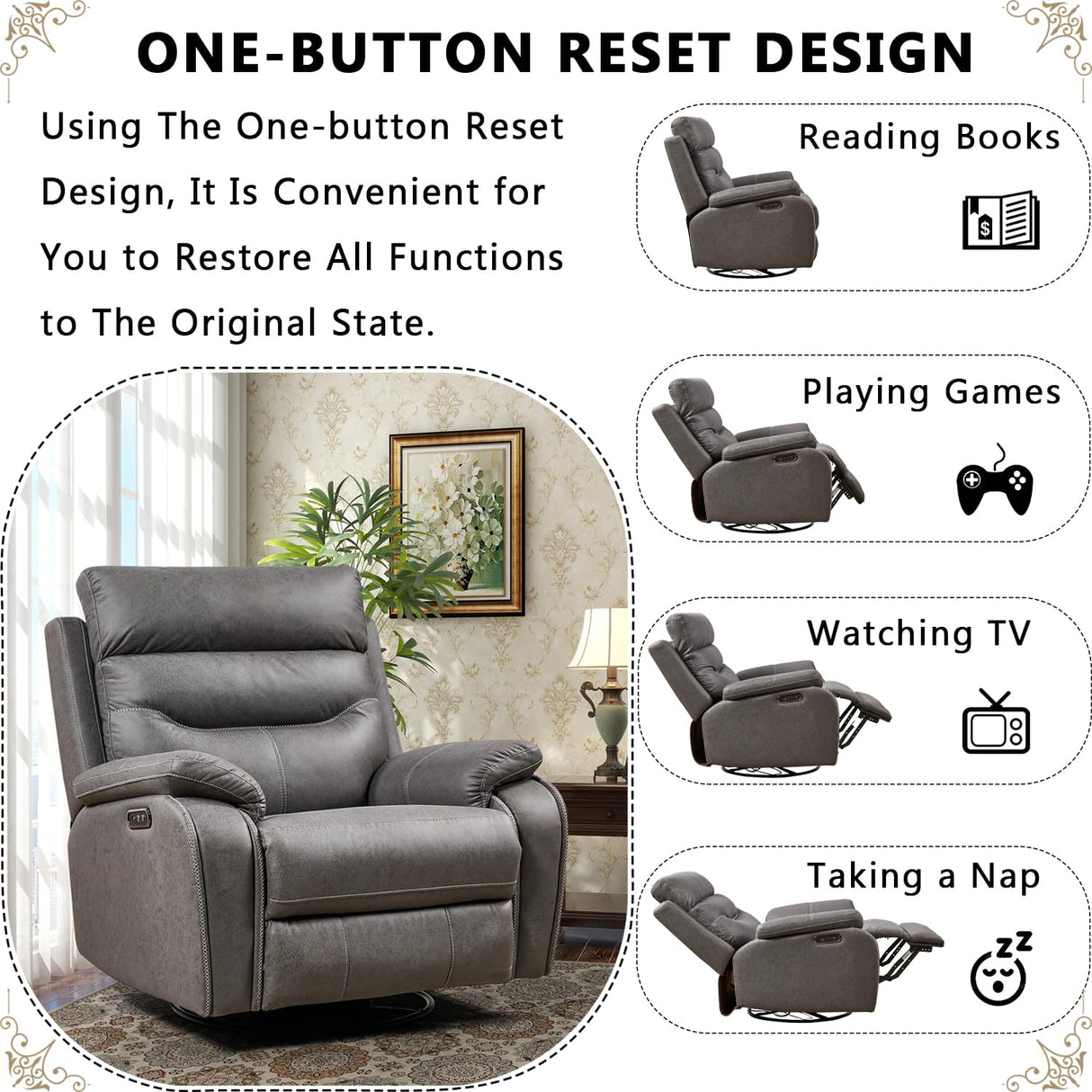 Power Swivel Recliner Chair, 270° Swivel Recliner Glider Rocker for Adults with Dual Motor, One-Key Reset Button, Electrical Adjustable Headrest and USB Ports for Living Room, Grey YiMiYom