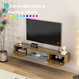 Floating TV Stand Shelf for TVs up to 80 Inch, Floating TV Cabinet with LED Light, Modern Wall Mounted Media Console Shelf with Power Outlets, Entertainment Center for Under TV Storage, Brown Msutree