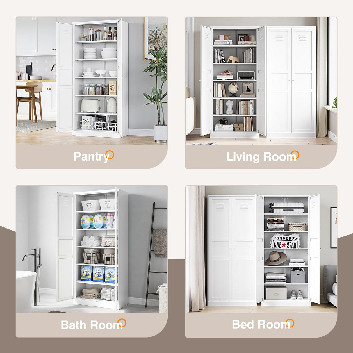 Yizosh Metal Storage Cabinet with 2 Doors and 5 Adjustable Shelves - 71" White Kitchen Pantry Storage Cabinet, 5-Tier Tall Steel Cabinet Locker for Kitchen, Living Room, Dining Room Yizosh