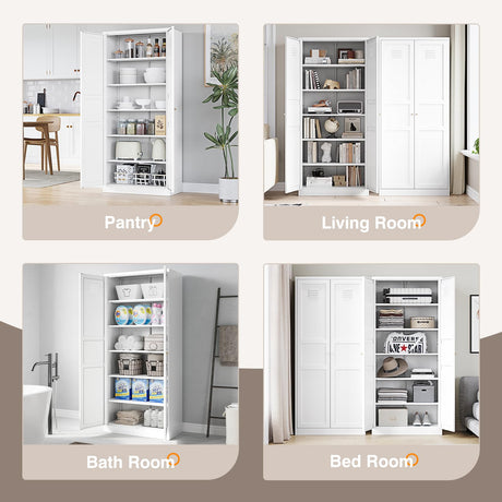 Yizosh Metal Storage Cabinet with 2 Doors and 5 Adjustable Shelves - 71" White Kitchen Pantry Storage Cabinet, 5-Tier Tall Steel Cabinet Locker for Kitchen, Living Room, Dining Room Yizosh