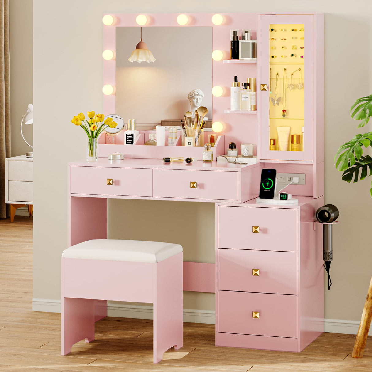 Vanity Desk with Mirror and Lights, Makeup Vanity Table Set with 5 Storage Drawers, Power Outlet & Chair, Small Dressing Table with RGB Ambient Light, Adjustable Brightness for Girls Bedroom, Pink Xixini